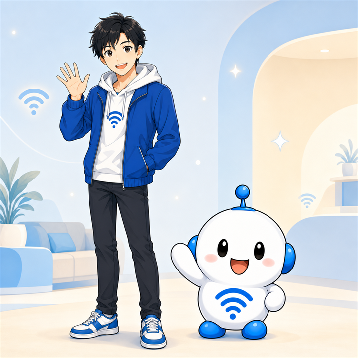 笑顔で手を振る案内役のyuuとでんぱるの全身イラスト