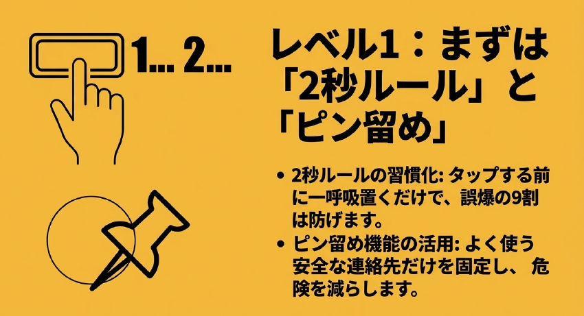 指でボタンをタップするイラストとピン留めアイコンで、2秒ルールとピン留め機能の活用を説明するスライド