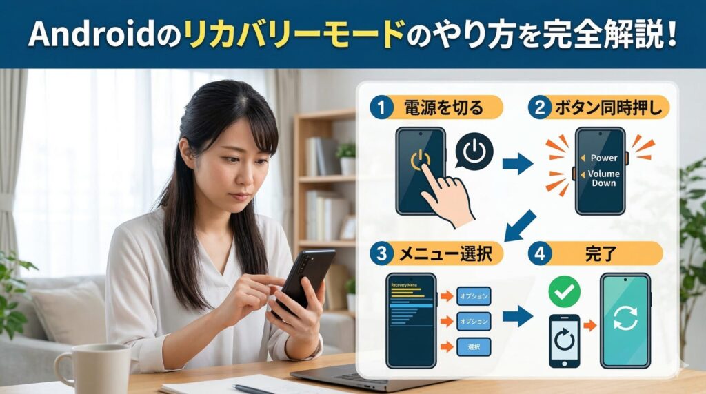 Androidスマートフォンのリカバリーモードを実行する手順（電源オフ、ボタン同時押し、メニュー選択、完了）を、フローチャートと日本人女性専門家のイラストで解説するアイキャッチ画像。タイトルは「Androidのリカバリーモードのやり方を完全解説！」で、信頼できるガイドの雰囲気。