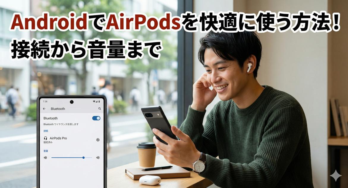 カフェでAndroidスマートフォンを操作し、AirPodsを装着して笑顔を見せる日本人男性の画像。「AndroidでAirPodsを快適に使う方法!接続から音量まで」という日本語のタイトル文字が配置されている。