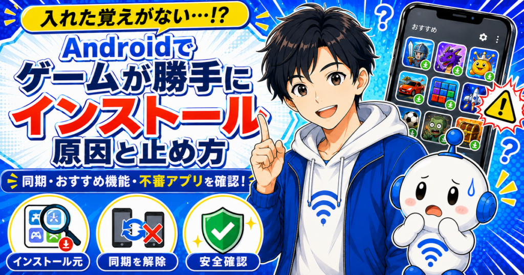 Androidでゲームが勝手にインストールされる原因と止め方を、yuuとでんぱるが解説するアイキャッチ