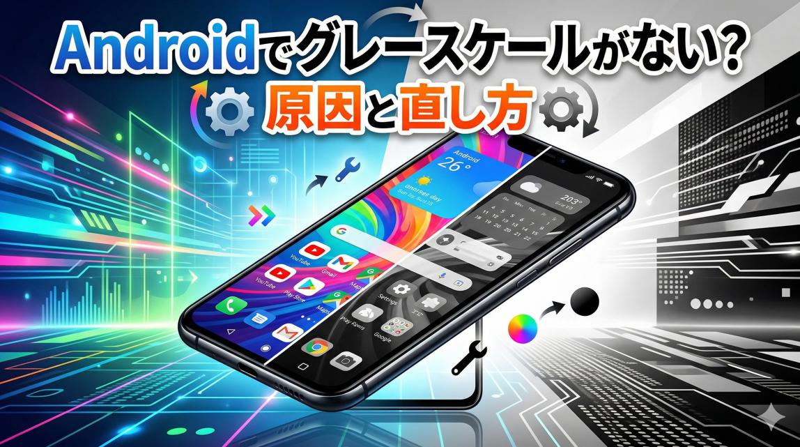 Androidスマートフォンが斜めに配置され、画面がカラーとモノクロ(グレースケール)に二分されている。上部に「Androidでグレースケールがない?」「原因と直し方」という日本語テキストが書かれた、記事のアイキャッチ画像。