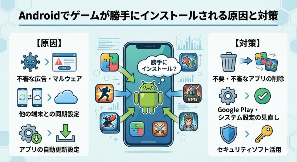 Androidスマートフォンに身に覚えのないゲームアプリが勝手にインストールされる主な原因（マルウェア、同期設定など）と、その具体的な対策（アプリ削除、設定見直し、セキュリティソフト導入）をまとめた図解。