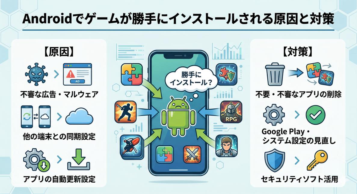 Androidスマートフォンに身に覚えのないゲームアプリが勝手にインストールされる主な原因(マルウェア、同期設定など)と、その具体的な対策(アプリ削除、設定見直し、セキュリティソフト導入)をまとめた図解。