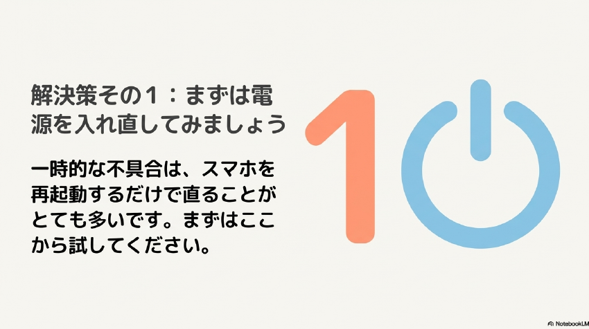 解決策その1:まずは電源を入れ直してみましょう 。一時的な不具合は、スマホを再起動するだけで直ることがとても多いです 。