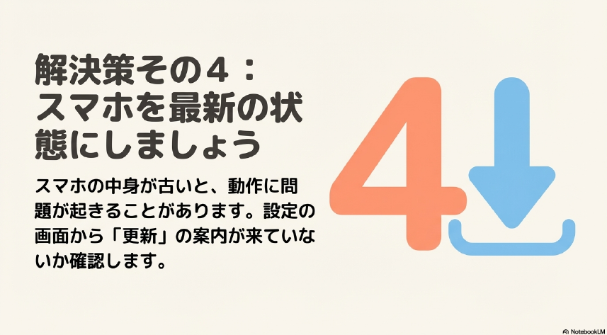 解決策その4:スマホを最新の状態にしましょう 。スマホの中身が古いと問題が起きることがあるため、更新の案内が来ていないか確認します 。