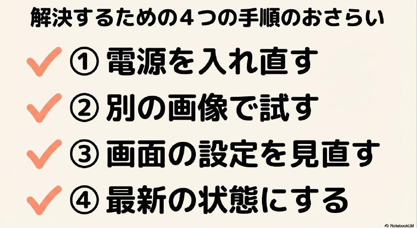 解決するための4つの手順のおさらい （1.電源を入れ直す 、2.別の画像で試す 、3.画面の設定を見直す、4.最新の状態にする ）。