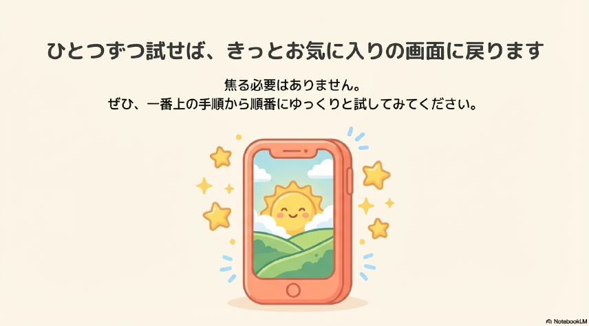 ひとつずつ試せば、きっとお気に入りの画面に戻ります 。焦る必要はありません 。一番上の手順から順番にゆっくりと試してみてください 。