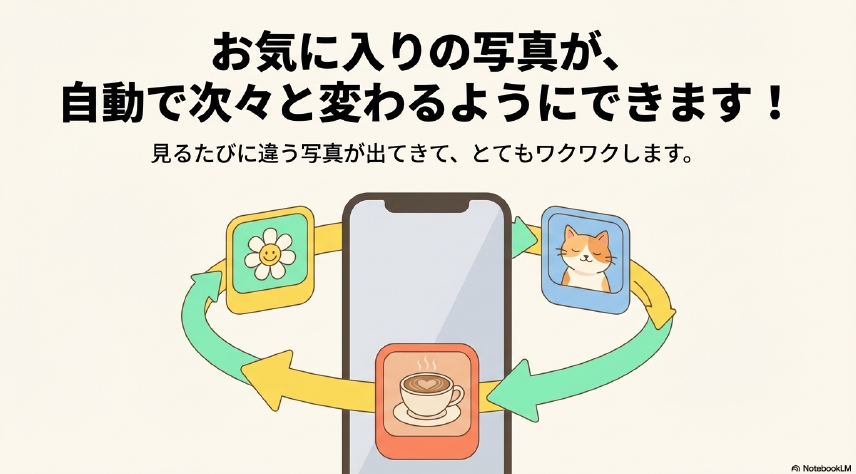 スマホのロック画面で花や猫、コーヒーなどの複数のお気に入り写真が自動で切り替わるイメージ図