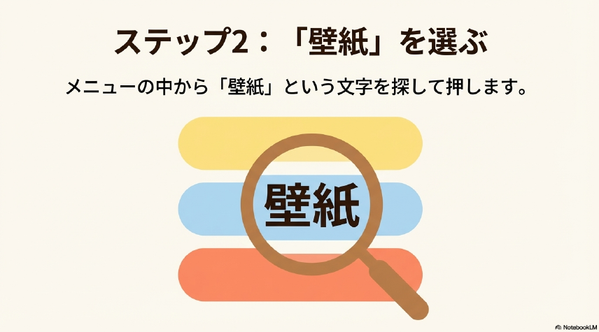 スマホの設定メニューから壁紙の項目を探して選択するステップの解説図