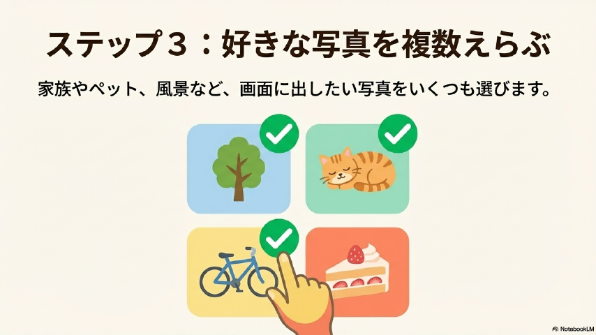 家族やペット、風景など、ロック画面に表示したい好きな写真を複数選ぶステップの解説図