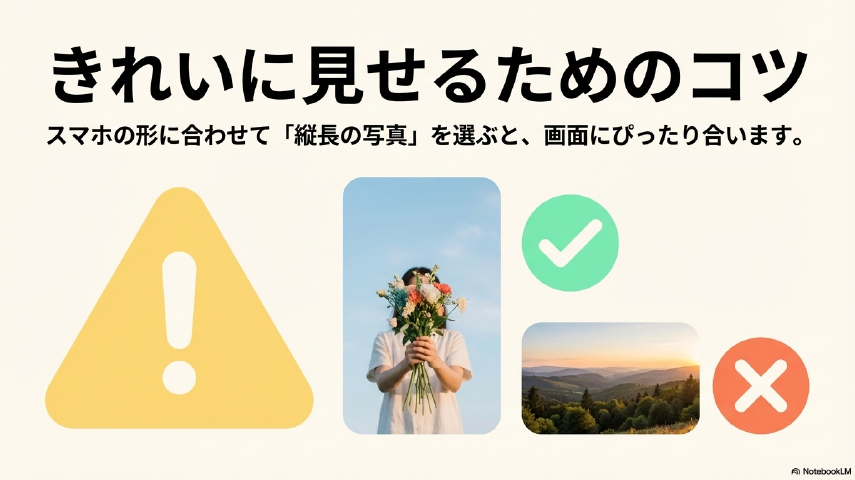 ロック画面の複数壁紙設定の完了画面と、スマホにぴったり合う縦長写真を選ぶコツの解説