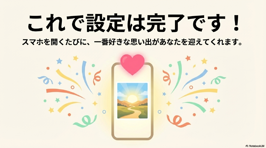 ロック画面の複数壁紙設定の完了画面と、スマホにぴったり合う縦長写真を選ぶコツの解説