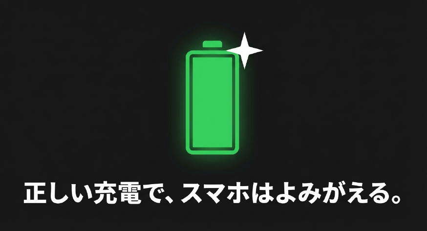 正しい充電で復活した緑色のスマホバッテリーのイラスト