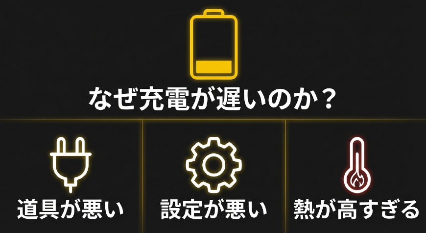 充電が遅い原因(道具・設定・熱)の概要を示すイラスト