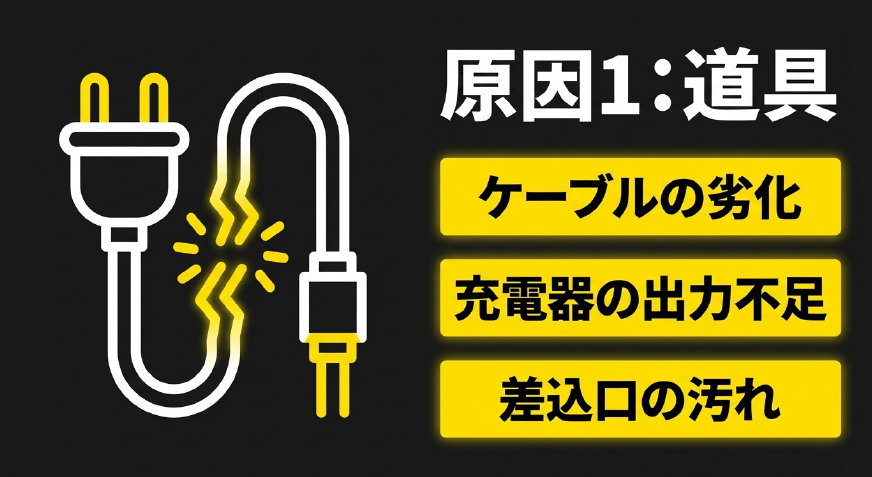 ケーブルの劣化や充電器の出力不足など物理的な原因を示すイラスト
