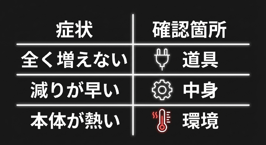 全く増えない・減りが早い・本体が熱いといった症状と確認箇所の対応表