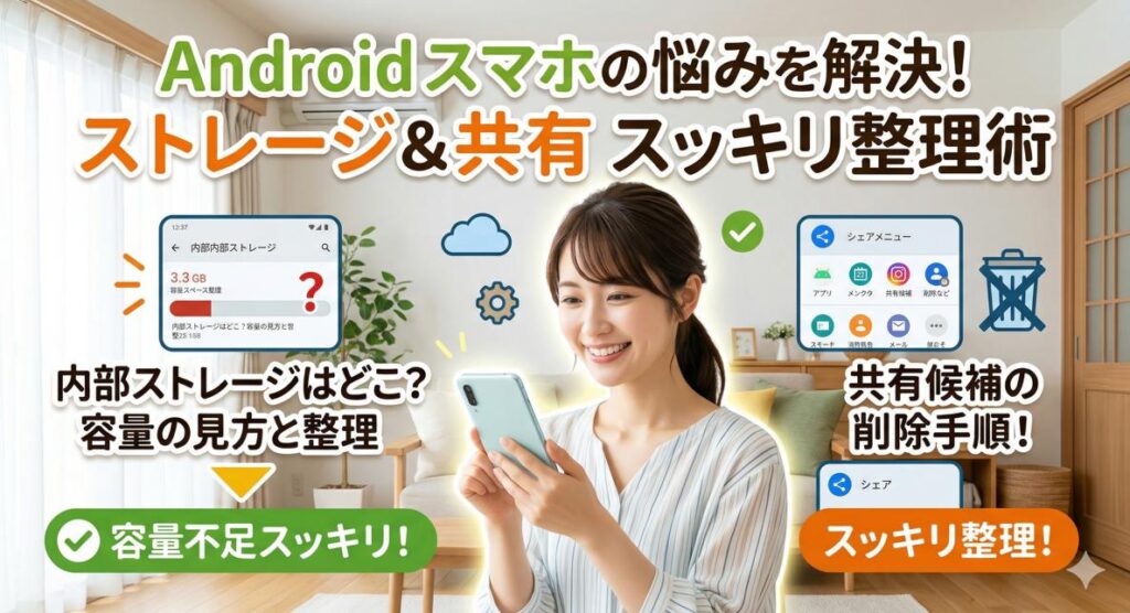 Androidスマホのストレージと共有メニューの整理術を紹介する、笑顔の日本人女性のアイキャッチ画像。上部に「Androidスマホの悩みを解決！ ストレージ＆共有 スッキリ整理術」というタイトルテキスト、左右に具体的な解説画面と「容量不足スッキリ！」「スッキリ整理！」というボタンが配置されている。