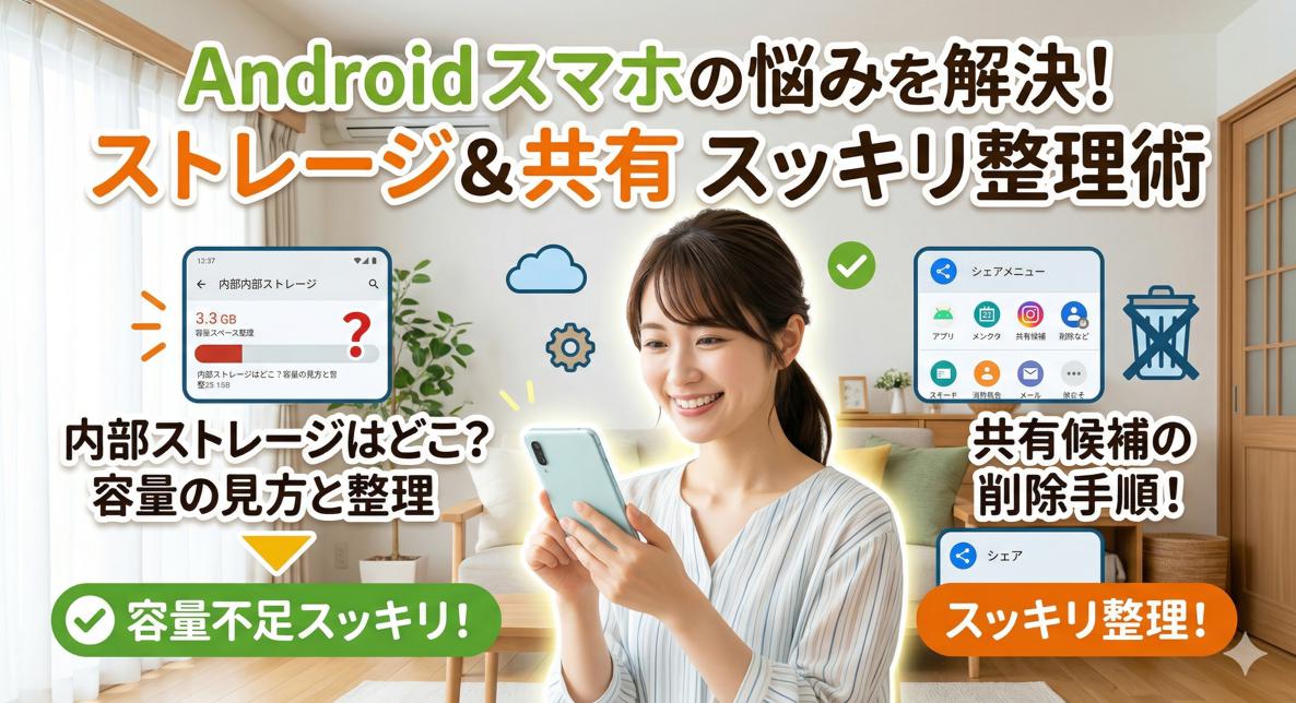 Androidスマホのストレージと共有メニューの整理術を紹介する、笑顔の日本人女性のアイキャッチ画像。上部に「Androidスマホの悩みを解決！ ストレージ＆共有 スッキリ整理術」というタイトルテキスト、左右に具体的な解説画面と「容量不足スッキリ！」「スッキリ整理！」というボタンが配置されている。