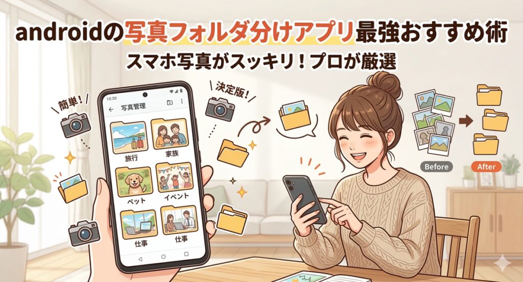 「androidの写真フォルダ分けアプリ最強おすすめ術」というタイトルが書かれた、Androidスマホの写真整理をテーマにしたアイキャッチ画像。日本人女性が笑顔でスマホを操作し、整理されたフォルダが表示されているイラスト。
