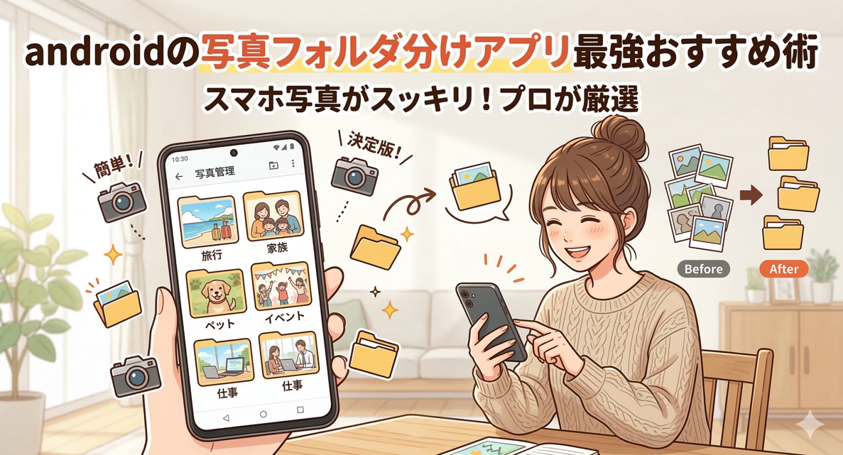 「androidの写真フォルダ分けアプリ最強おすすめ術」というタイトルが書かれた、Androidスマホの写真整理をテーマにしたアイキャッチ画像。日本人女性が笑顔でスマホを操作し、整理されたフォルダが表示されているイラスト。