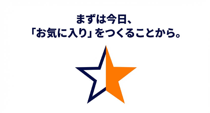 星マークのイラストとともに、まずは今日お気に入りをつくることから始めようというメッセージ