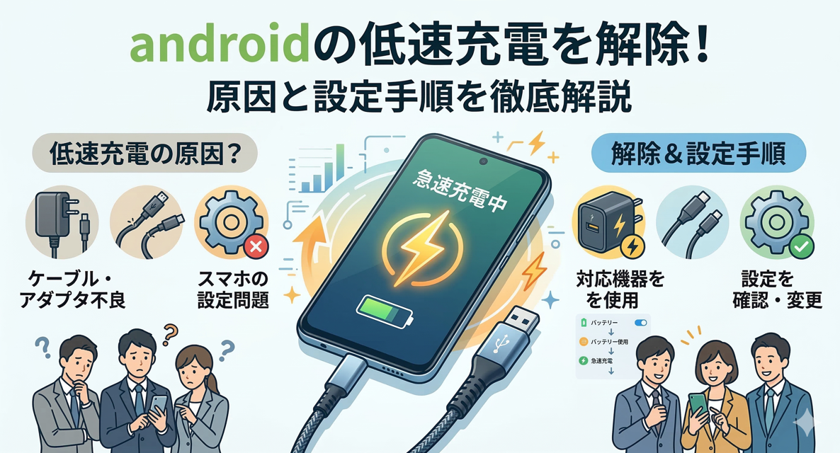 Androidスマートフォンの低速充電の原因（ケーブルやアダプタの不良、本体設定）と、それを解除するための解決手順（対応機器の使用や設定の変更）を分かりやすく図解したアイキャッチ画像。
