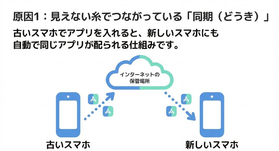 古いスマホでアプリを入れるとインターネットの保管場所を経由して新しいスマホに自動で同じアプリが配られる同期の仕組みを図解したスライド