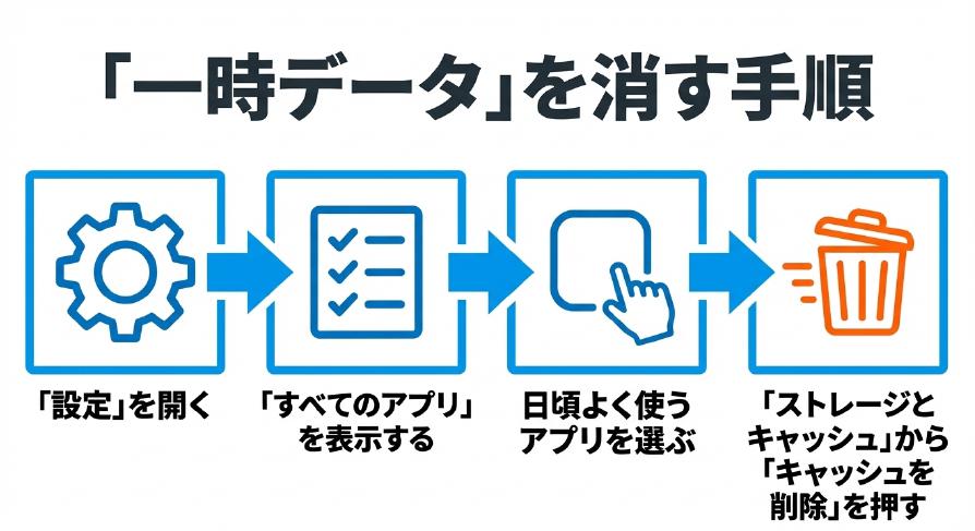 設定からすべてのアプリを表示し、日頃よく使うアプリを選んでストレージとキャッシュから削除する具体的な3つの手順