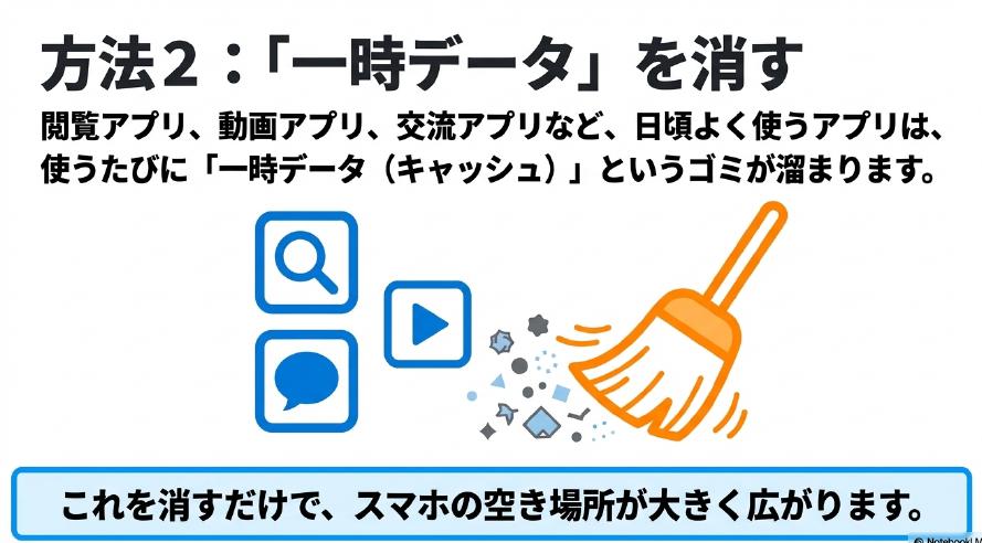 閲覧アプリや動画アプリなどを使うたびに溜まる一時データ（ゴミ）をほうきで掃除するイメージ図