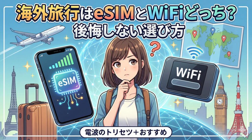 「海外旅行はeSIMとWiFiどっち？」という日本語テキストが上部に書かれた、アニメ調のイラスト。中心には、？マークを浮かべながら、片手にeSIMの信号とアイコンが表示されたスマホ、もう片手にWiFiルーターと充電器を持った日本人女性（yuu）が、どちらを選ぶべきか悩んでいる。背景には、飛行機、スーツケース、そしてかすかに世界の都市のランドマーク（エッフェル塔やビッグベンなど）が描かれている。
