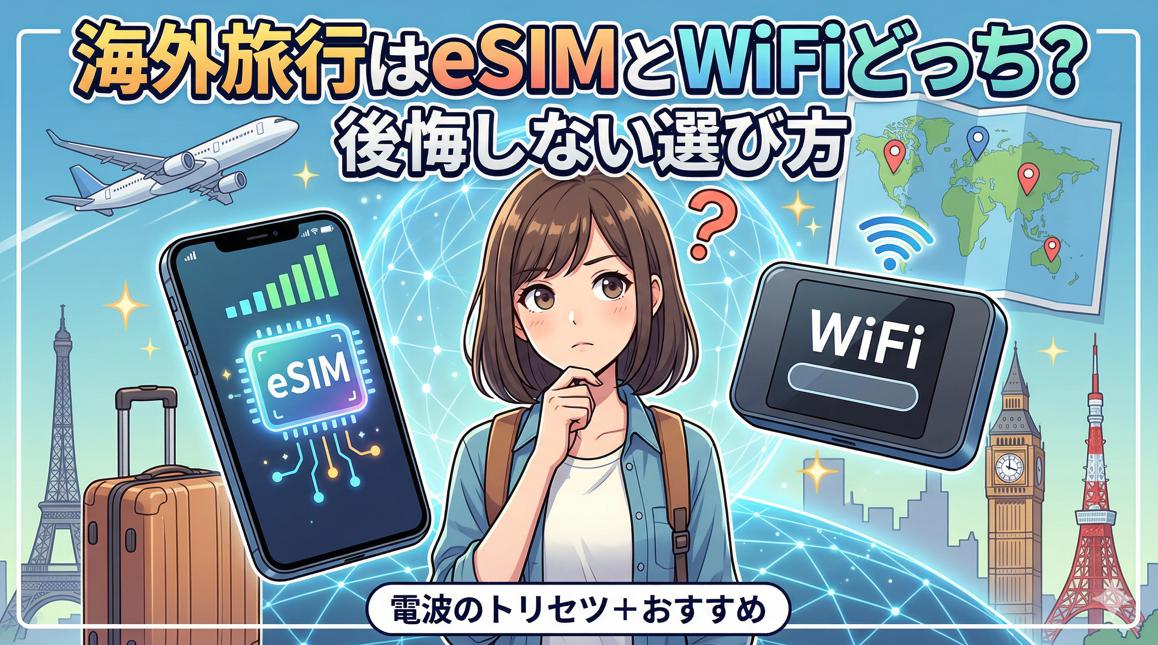 「海外旅行はeSIMとWiFiどっち?」という日本語テキストが上部に書かれた、アニメ調のイラスト。中心には、?マークを浮かべながら、片手にeSIMの信号とアイコンが表示されたスマホ、もう片手にWiFiルーターと充電器を持った日本人女性(yuu)が、どちらを選ぶべきか悩んでいる。背景には、飛行機、スーツケース、そしてかすかに世界の都市のランドマーク(エッフェル塔やビッグベンなど)が描かれている。