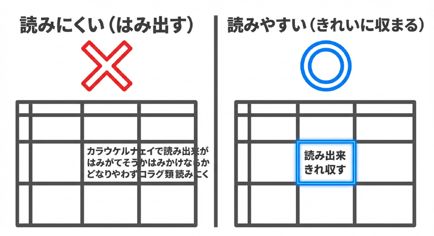 エクセルでセル内改行をしない場合に文字がはみ出して読みにくい例と、改行してきれいに収まる例を比較した図