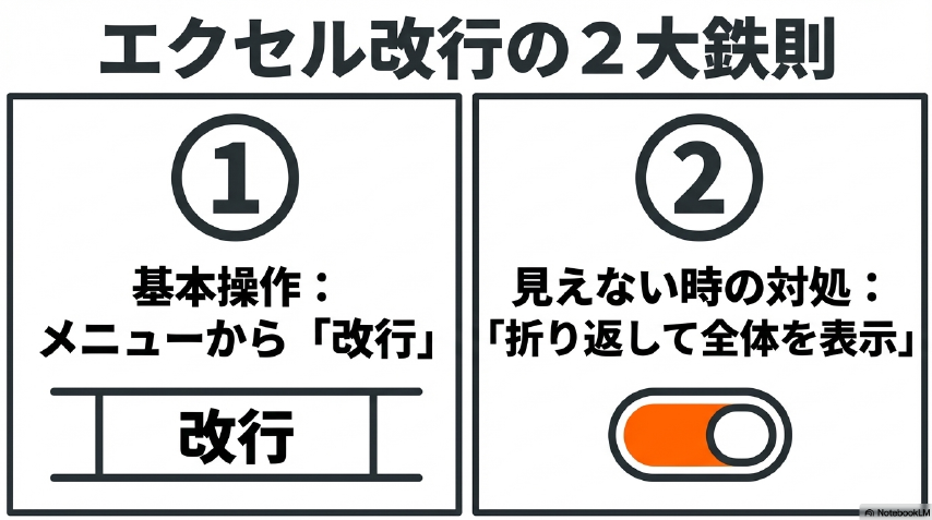エクセルのセル内改行における2大鉄則として基本操作のメニューから改行を選ぶことと見えない時は折り返して全体を表示をオンにすることを示すまとめ図