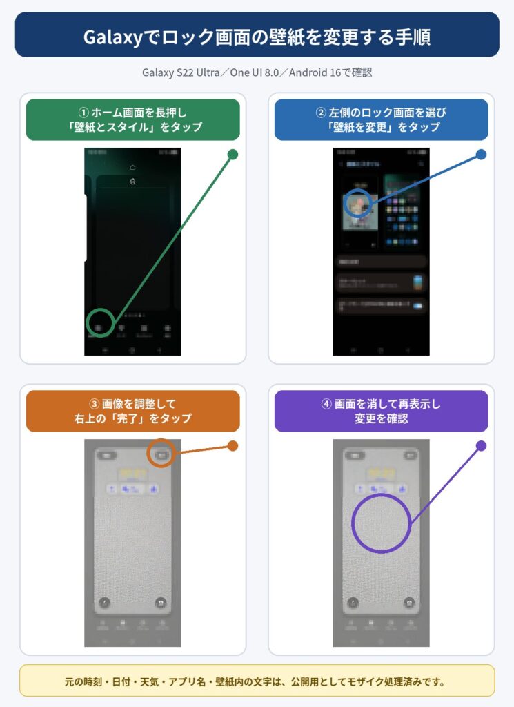 Galaxy S22 Ultraでホーム画面を長押しし、壁紙とスタイルからロック画面の壁紙を変更する4つの手順