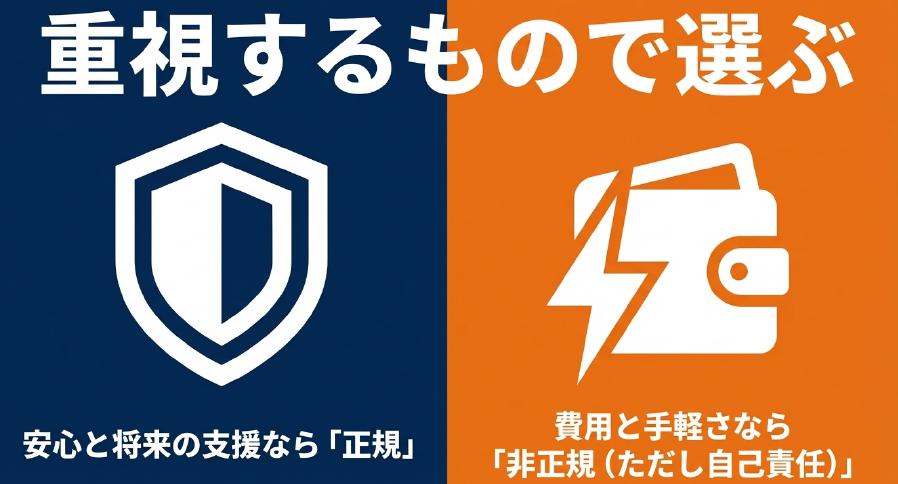 安心と将来の支援なら正規店、費用と手軽さなら自己責任で非正規店を選ぶ