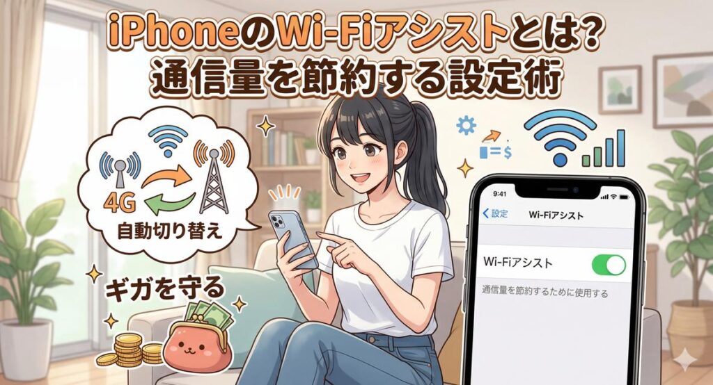 「iPhoneのWi-Fiアシスト機能を解説するアニメ調のイラスト。スマートフォンを操作する日本人女性と、Wi-Fi・モバイルデータのアイコン、そして『通信量を節約する設定術』というタイトル文字が描かれている。」