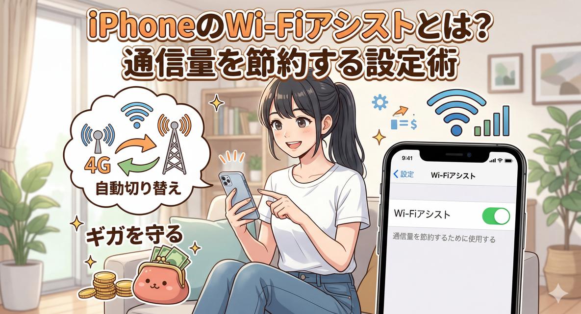 「iPhoneのWi-Fiアシスト機能を解説するアニメ調のイラスト。スマートフォンを操作する日本人女性と、Wi-Fi・モバイルデータのアイコン、そして『通信量を節約する設定術』というタイトル文字が描かれている。」