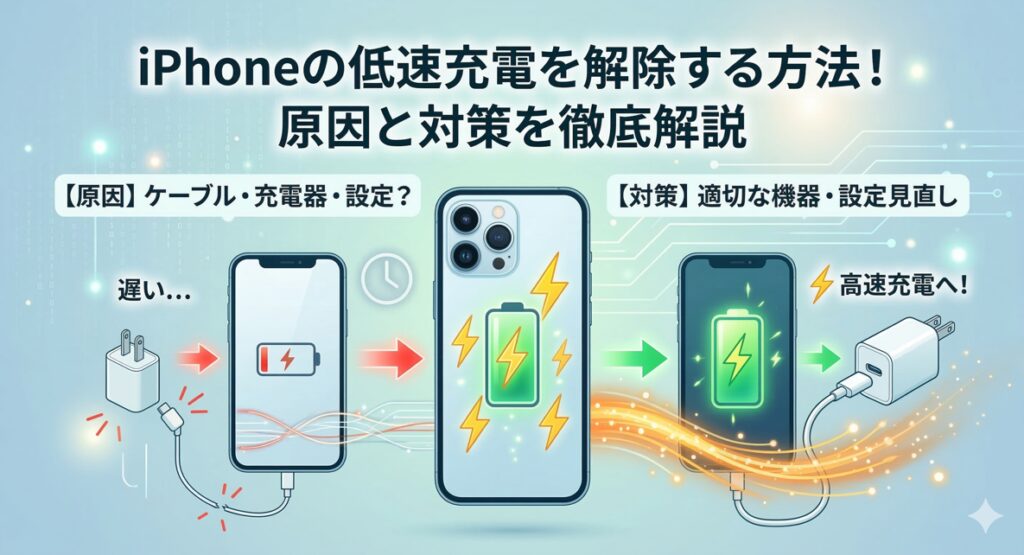 iPhoneの低速充電の原因と対策を比較・解説するアイキャッチ画像。上部に「iPhoneの低速充電を解除する方法！ 原因と対策を徹底解説」のテキスト。左側に「【原因】ケーブル・充電器・設定？」と書かれた、断線しかけたケーブルと小さな充電器に繋がれた、バッテリー残量が少ないiPhoneのイラスト。右側に「【対策】適切な機器・設定見直し」と書かれた、頑丈なケーブルと大きな急速充電器に繋がれた、バッテリーが満タンで稲妻マークが表示されたiPhoneのイラスト。左右のiPhoneの間には、原因から対策へ向かう矢印が描かれている。全体的に、デジタルでクリーンなイラストスタイル。