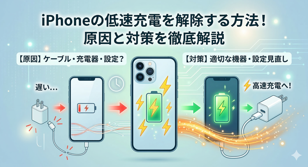 iPhoneの低速充電の原因と対策を比較・解説するアイキャッチ画像。上部に「iPhoneの低速充電を解除する方法！ 原因と対策を徹底解説」のテキスト。左側に「【原因】ケーブル・充電器・設定？」と書かれた、断線しかけたケーブルと小さな充電器に繋がれた、バッテリー残量が少ないiPhoneのイラスト。右側に「【対策】適切な機器・設定見直し」と書かれた、頑丈なケーブルと大きな急速充電器に繋がれた、バッテリーが満タンで稲妻マークが表示されたiPhoneのイラスト。左右のiPhoneの間には、原因から対策へ向かう矢印が描かれている。全体的に、デジタルでクリーンなイラストスタイル。