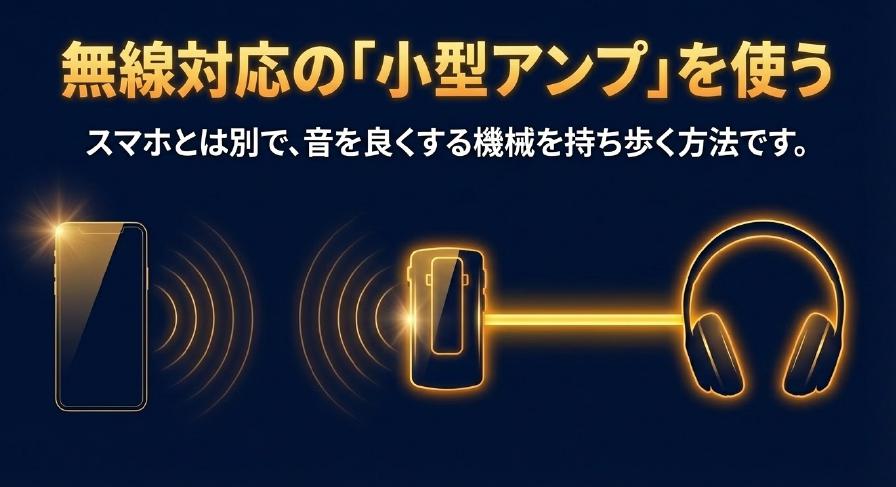 iPhoneからBluetoothトランスミッターを経由してワイヤレスイヤホンに接続する仕組みを示した図