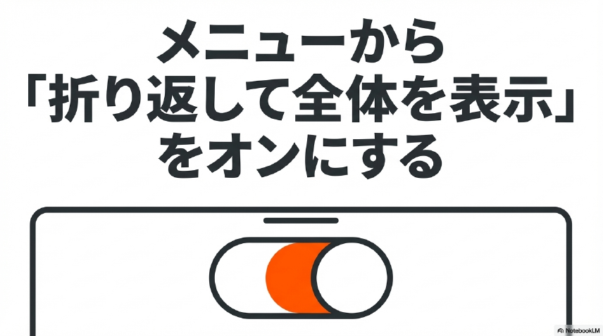 iPhoneのエクセルでメニューから折り返して全体を表示の設定をオンにする操作を示すイラスト