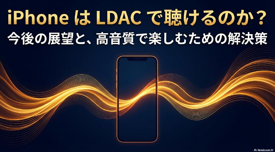 iPhoneとLDAC対応の可否を問いかけるタイトルスライド。音の波形とスマートフォンのイラスト付き