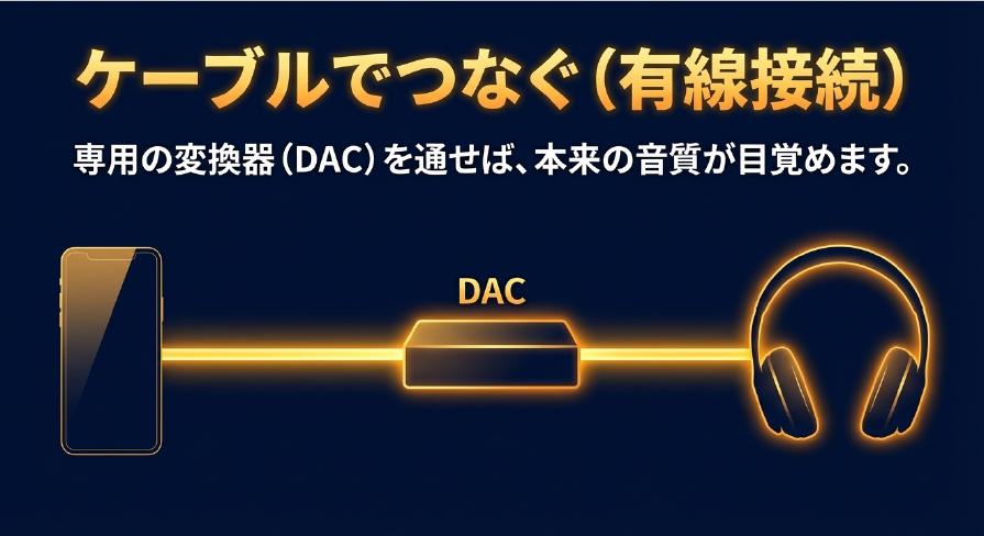 iPhoneからUSB-DACを経由してヘッドホンへ有線接続する流れを示した図。ケーブルでつなぐ有線接続の解説