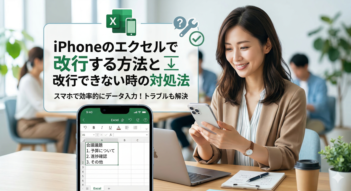 「iPhoneのエクセルで改行する方法と改行できない時の対処法」というタイトル文字が配置された、スマホを操作する女性のアイキャッチ画像。