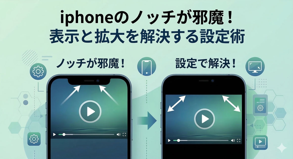 「iphoneのノッチが邪魔！表示と拡大を解決する設定術」という日本語のタイトルが上部に大きく配置されたアイキャッチ画像。下部には2台のiPhoneが並び、左側はノッチで画面上部が欠けている状態、右側は設定変更で全画面表示が最適化されている状態を比較している。