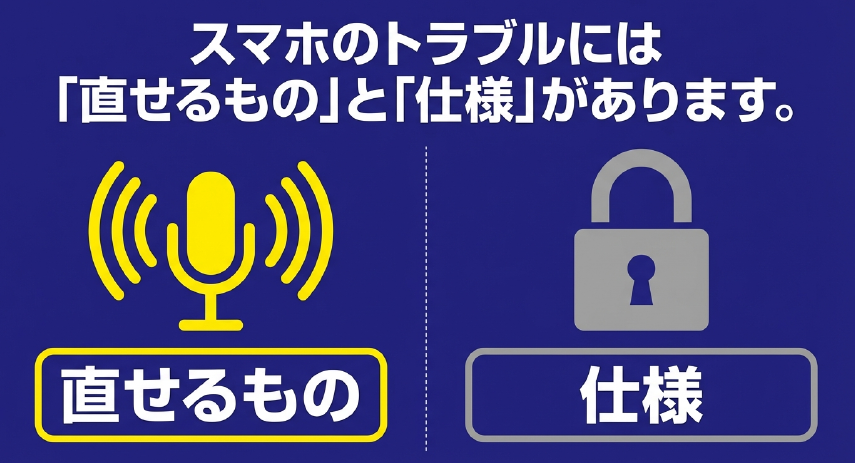 スマホのトラブルには自分で直せるものとシステムの仕様があることを示すスライド