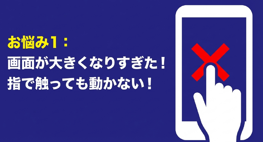 スマホの画面が大きくなりすぎて指で触っても動かないという悩みを表すスライド