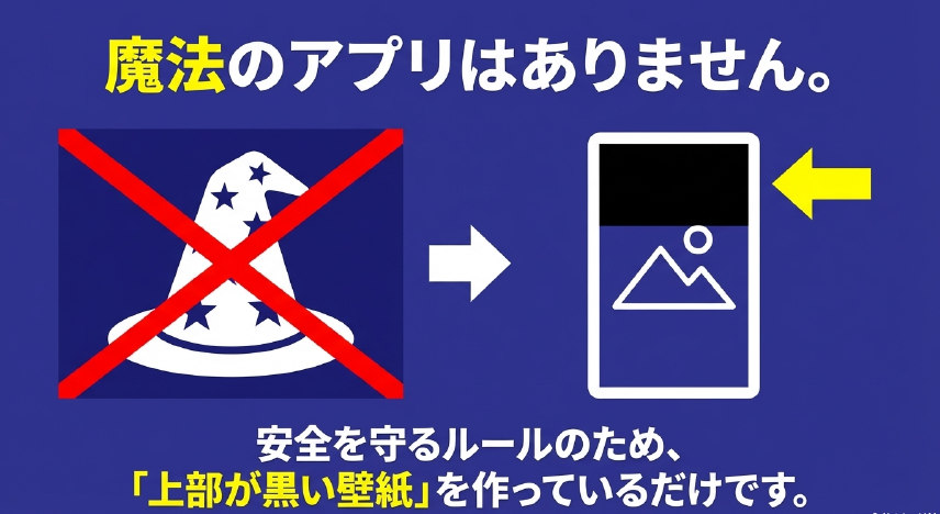 魔法のアプリはなく、安全を守るルールのために上部が黒い壁紙を作っているだけであることを示すスライド