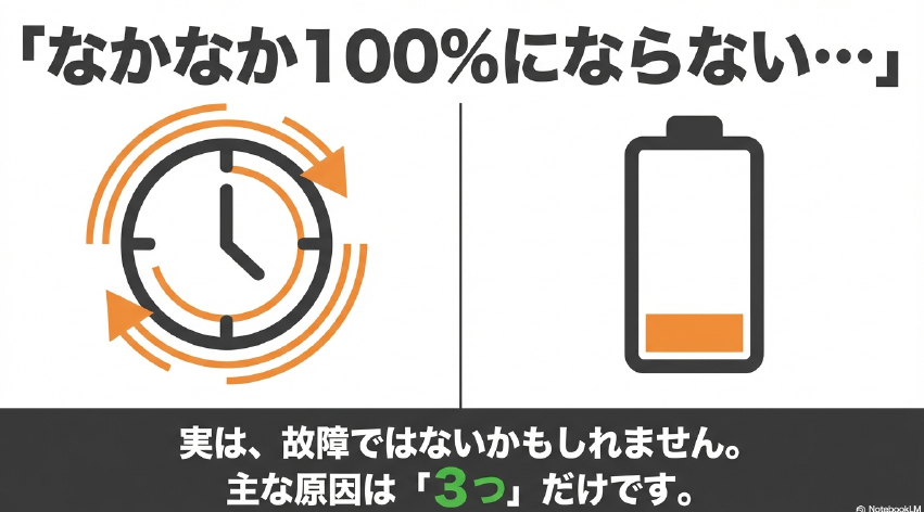 なかなか100%にならないのは故障ではなく、主に3つの原因があることを説明する画像
